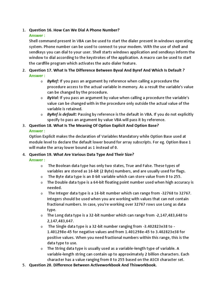 Excel vba interview question and answers 11 pdf data type