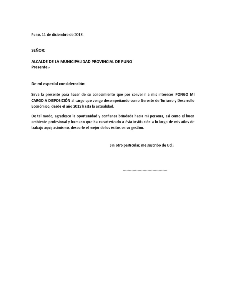 Carta de Cargo A Disposición