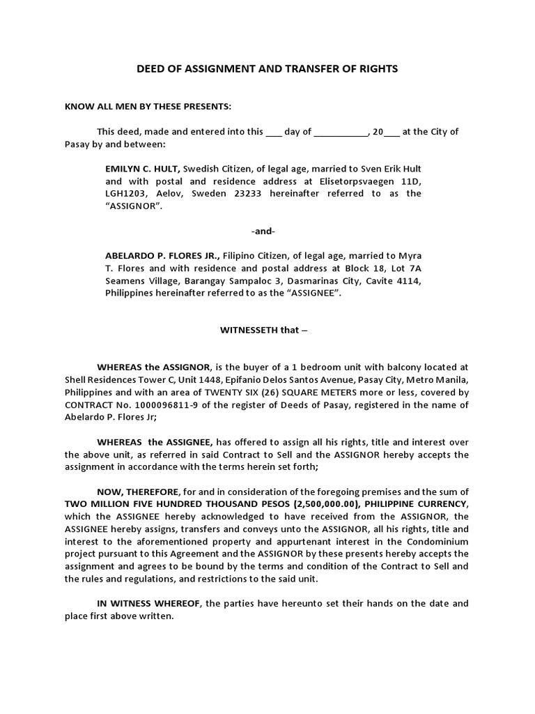 deed of assignment of overage