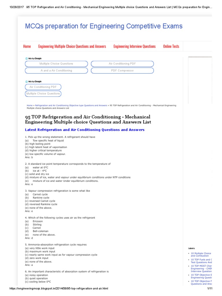 95 Top Refrigeration and Air Conditioning Question and Answers PDF