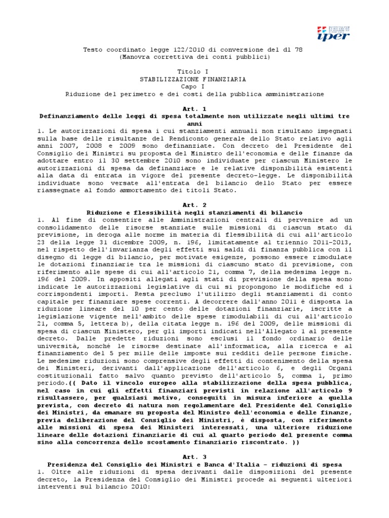 Testo Coordinato Legge 122 2010 Manovra