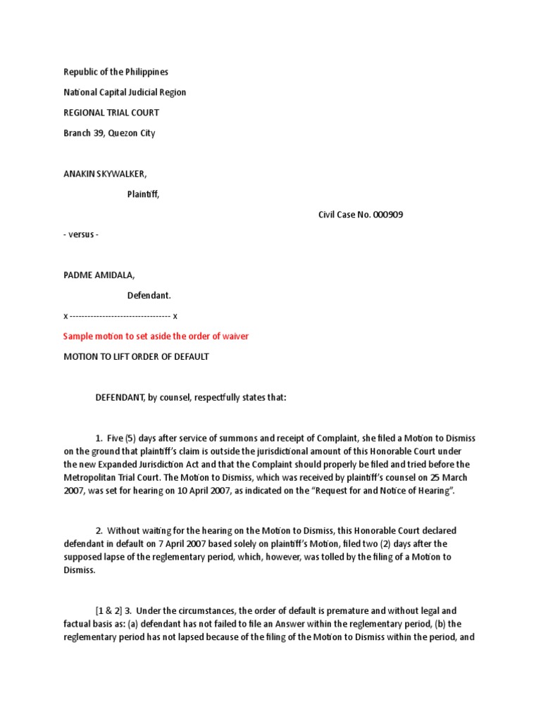 Motion to Lift Default Order in Court | PDF | Default Judgment | Lawsuit