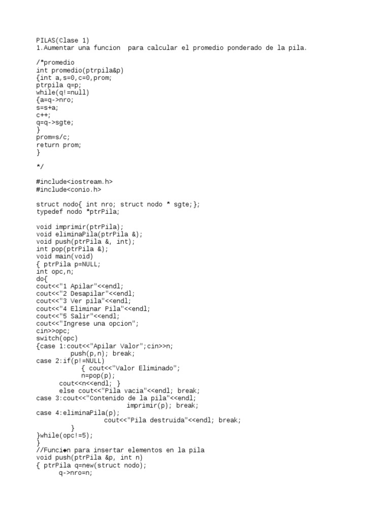 Promedio y manejo de pilas en C++ | PDF | C ++ | Programación de ...