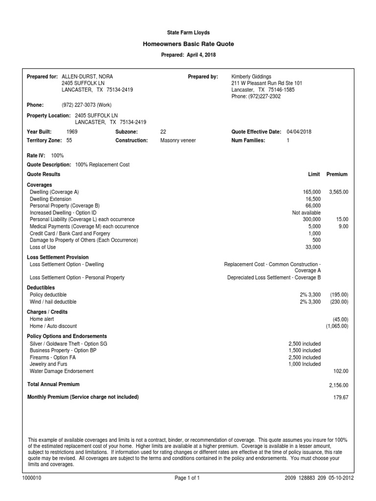 State Farm Homeowners Insurance Quote | PDF | Deductible | Insurance