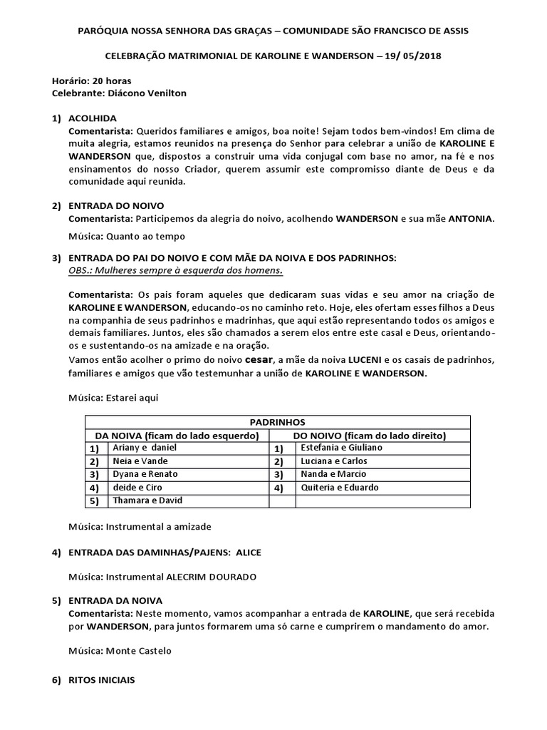 Roteiro Celebracao Matrimonial KAROLINE E WANDERSON - 19.05.2018 ...