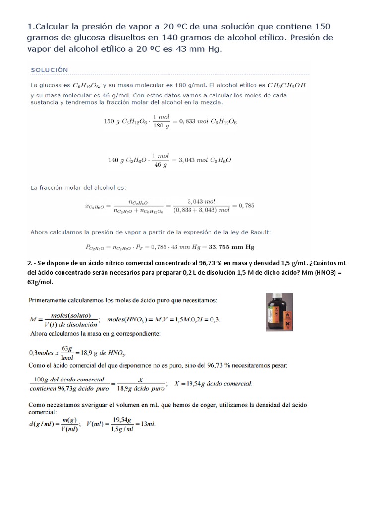 1.Calcular la presión de vapor a 20 ºC de una solución que
