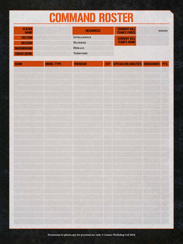 Kill Team Blank Roster Datacards Download Free PDF Leisure Sports