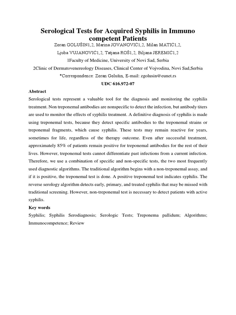 Serological Tests For Acquired Syphilis in Immuno Competent Patients ...