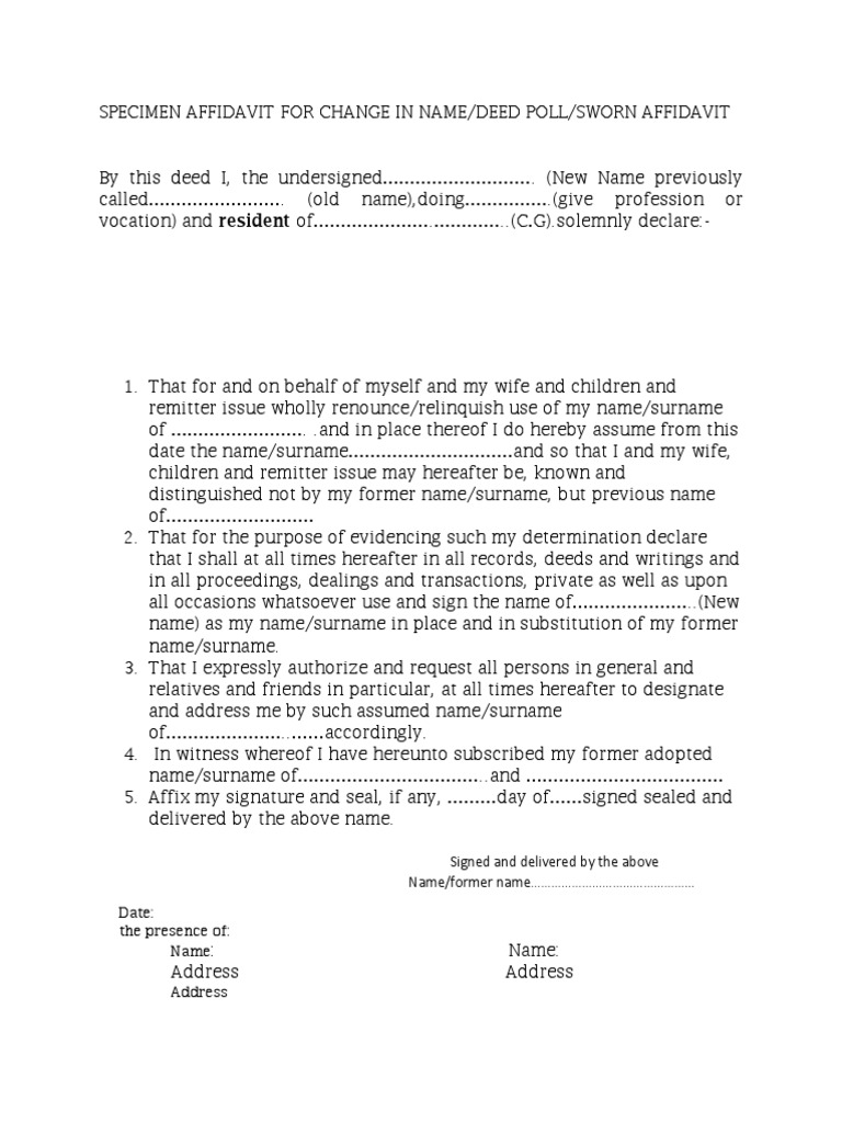 Specimen Affidavit for Name Change | PDF