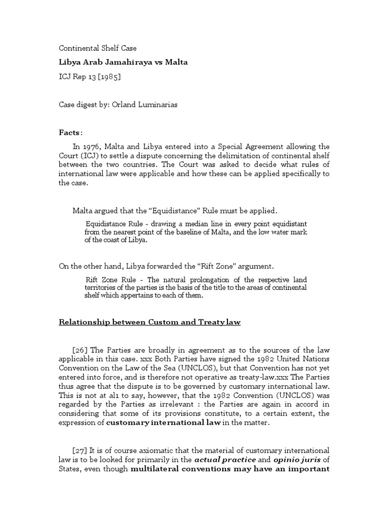 Continental Shelf Case Digest PDF United Nations Convention On The