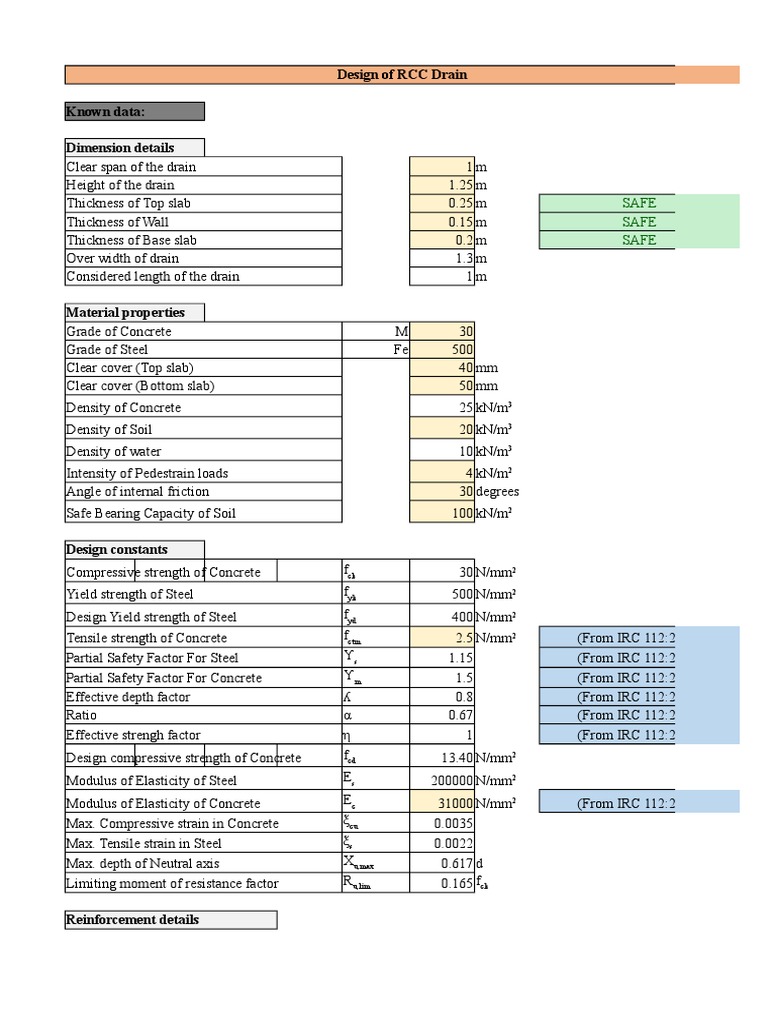 RCC Drain Design and Reinforcement Details | PDF | Strength Of ...