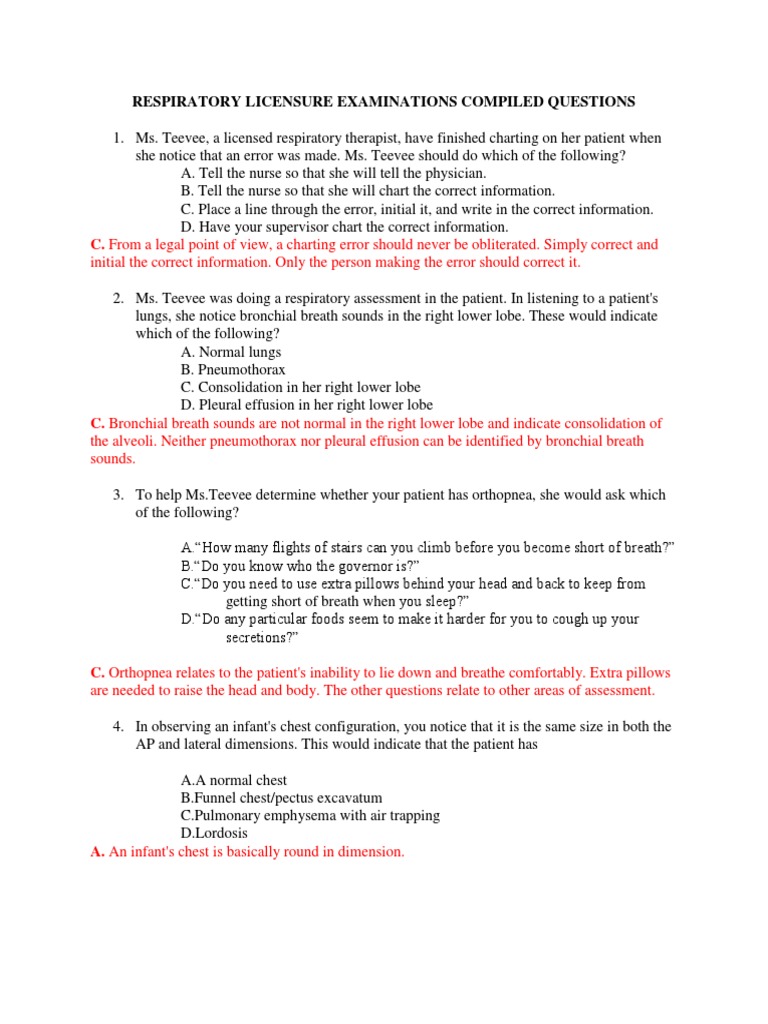 Practice Questions On Respiratory Therapist PDF Cardiopulmonary