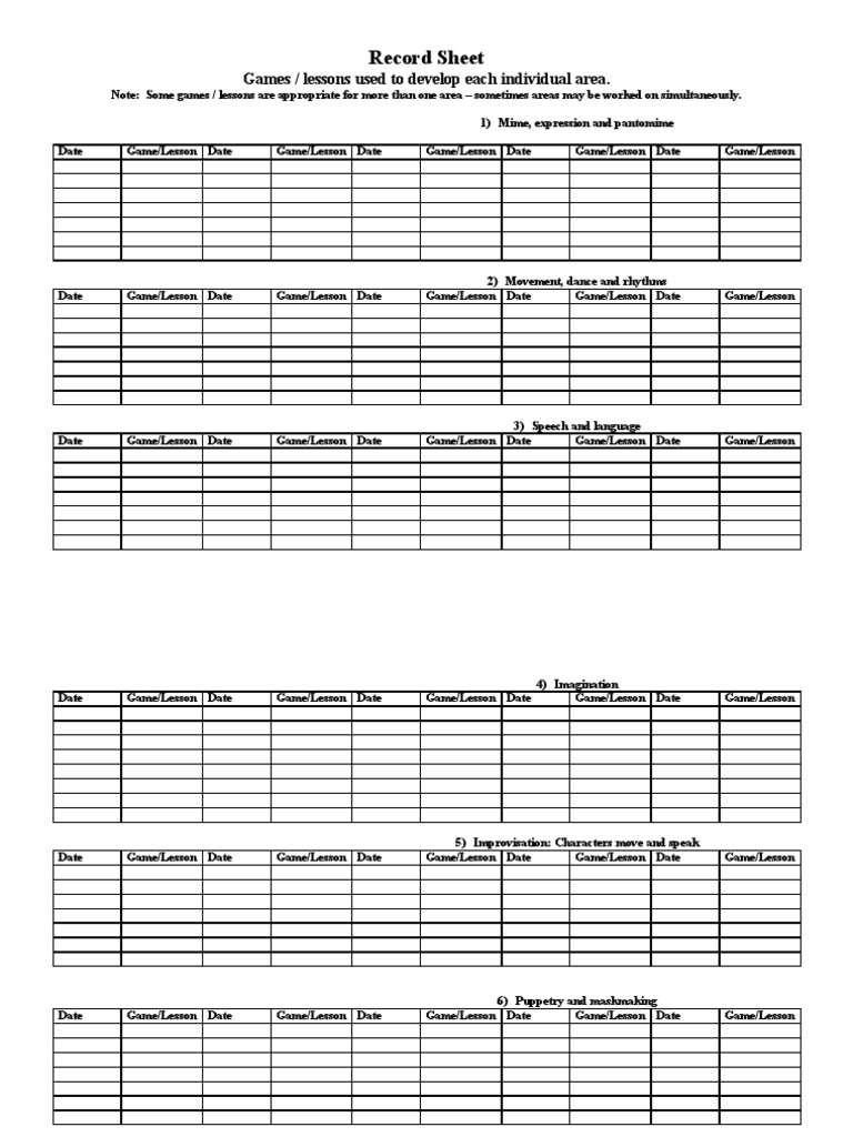 Record Sheet: Games / Lessons Used To Develop Each Individual Area ...