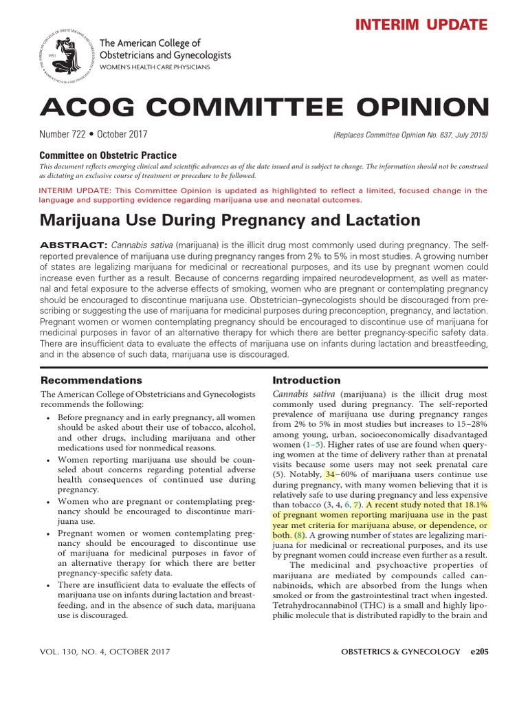 Acog Committee Opinion Marijuana Use During Pregnancy and Lactation PDF Cannabis (Drug