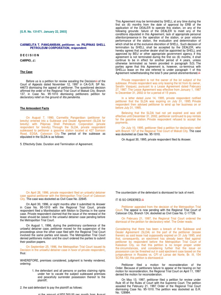 Panganiban vs. Pilipinas Shell Case Review | PDF | Lawsuit | Lease