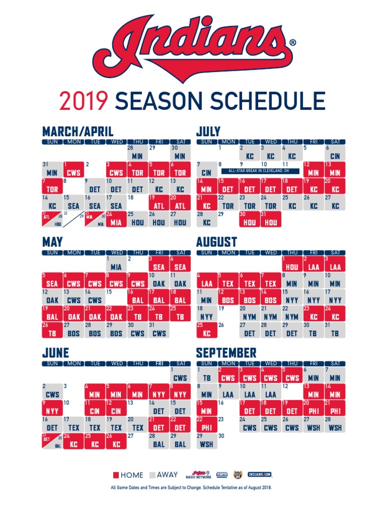 Cleveland Indians Printable Schedule
