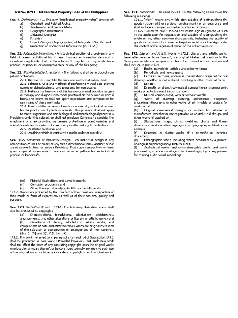Definitions. Definitions. RA No. 8293 Intellectual Property Code of