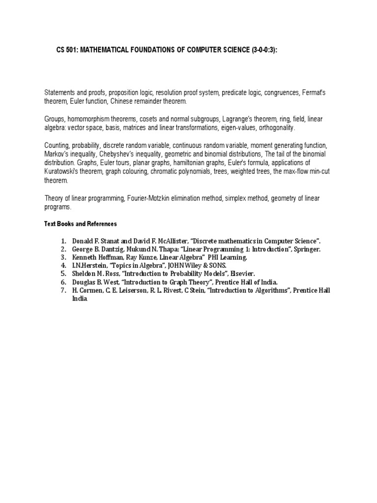 Cs 501: Mathematical Foundations of Computer Science (3-0-0:3) | PDF
