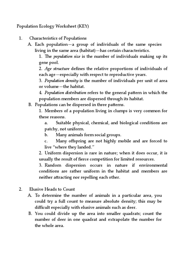 worksheet Population Ecology Worksheet population ecology worksheet key