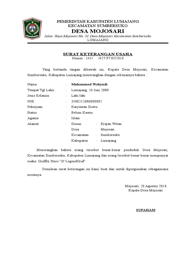 Surat Keterangan Usaha Mojosari
