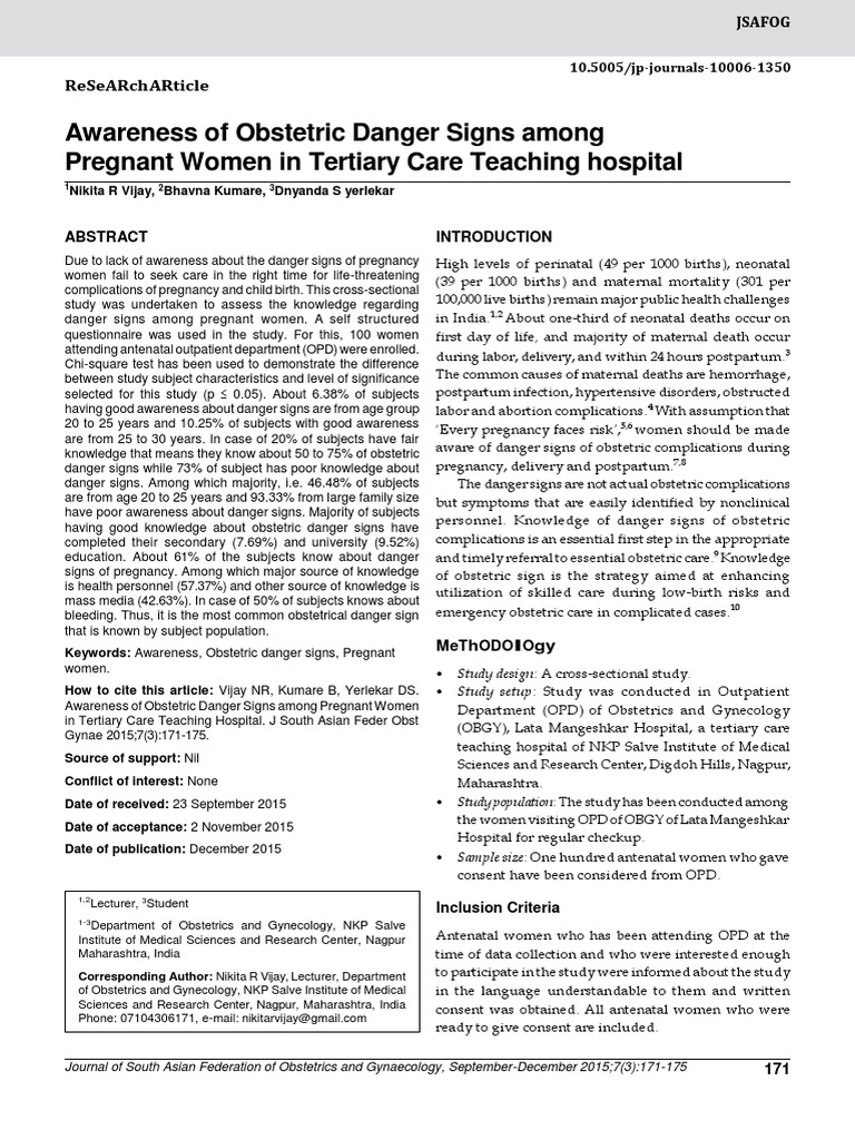 Awareness of Obstetric Danger Signs Among Pregnant Women in Tertiary