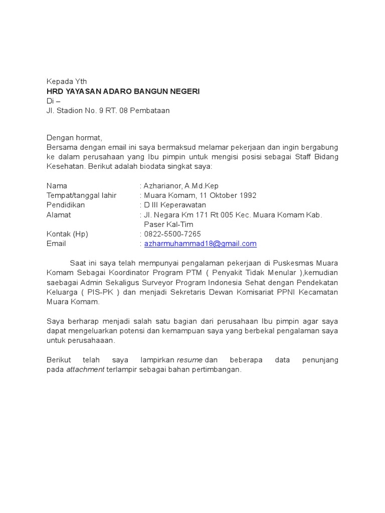 Lamaran Staff Kesehatan Azharianor | PDF