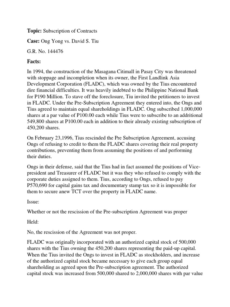 Ong Yong vs. Tiu: Subscription Dispute | PDF | Stocks | Share (Finance)