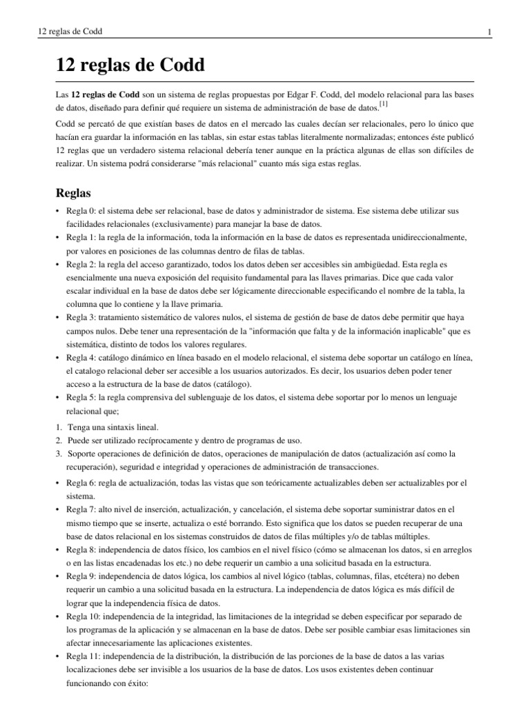 12 Reglas de Codd | PDF | Modelo relacional | Bases de datos