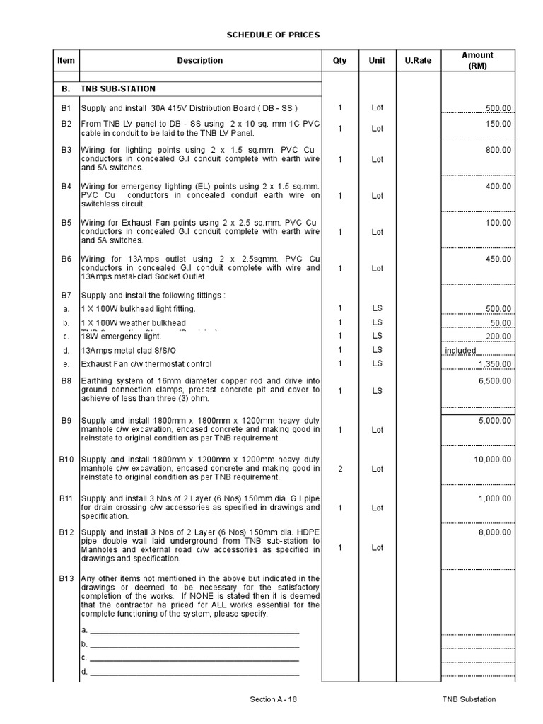 Budgetary Cost Tnb Sub Station Electrical Work Electrical Wiring Building Technology