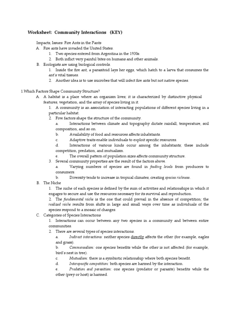 Worksheet Community Interactions (KEY)  PDF In Symbiosis Worksheet Answer Key
