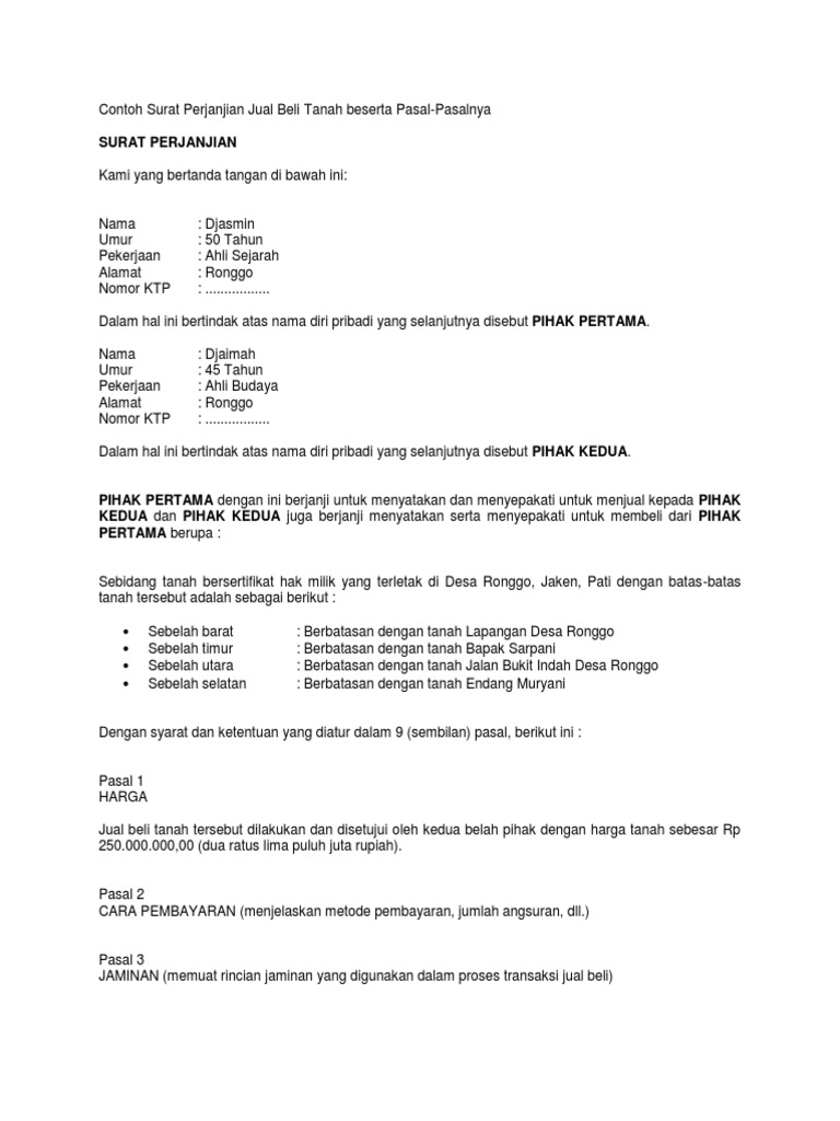 Contoh Surat Perjanjian Jual Beli Tanah Bermaterai