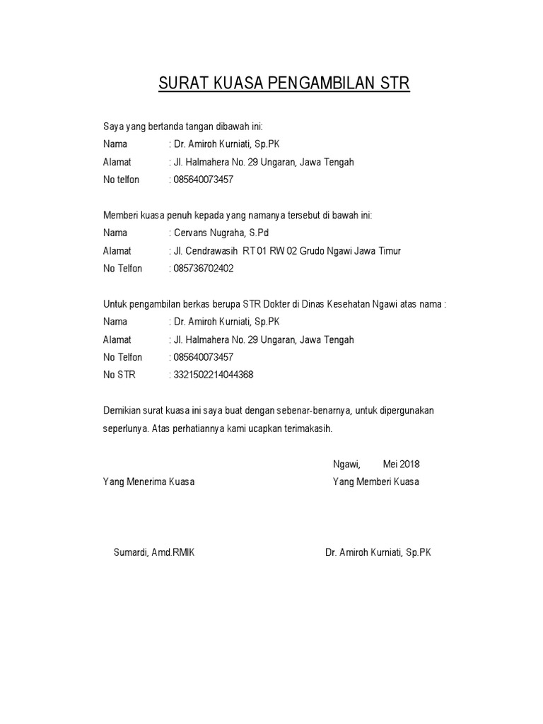 Contoh Surat Kuasa Untuk Pengambilan Str HANYALAHWANITABIASA