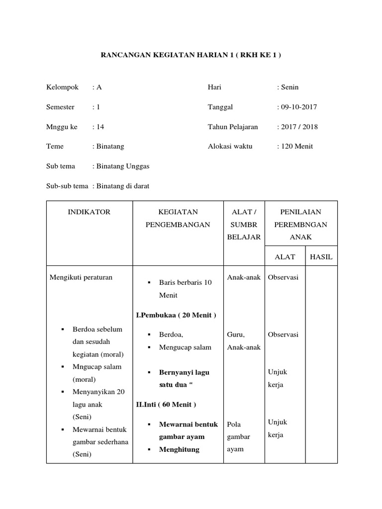 Rencana Kegiatan Harian Tema Binatang | PDF