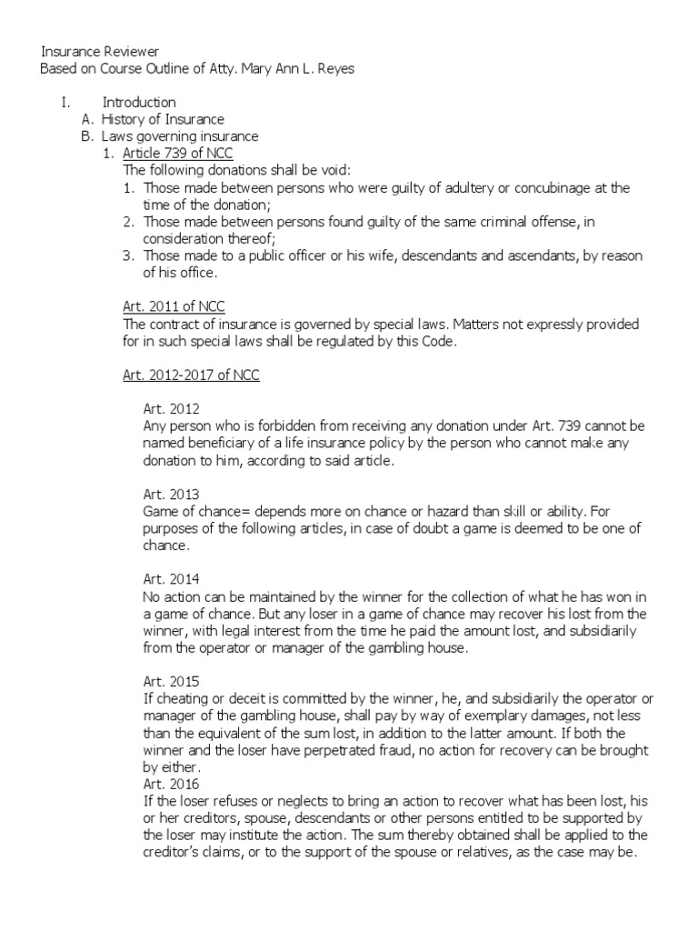 Insurance Reviewer Based On Course Outline Of Atty Reyes PDF 