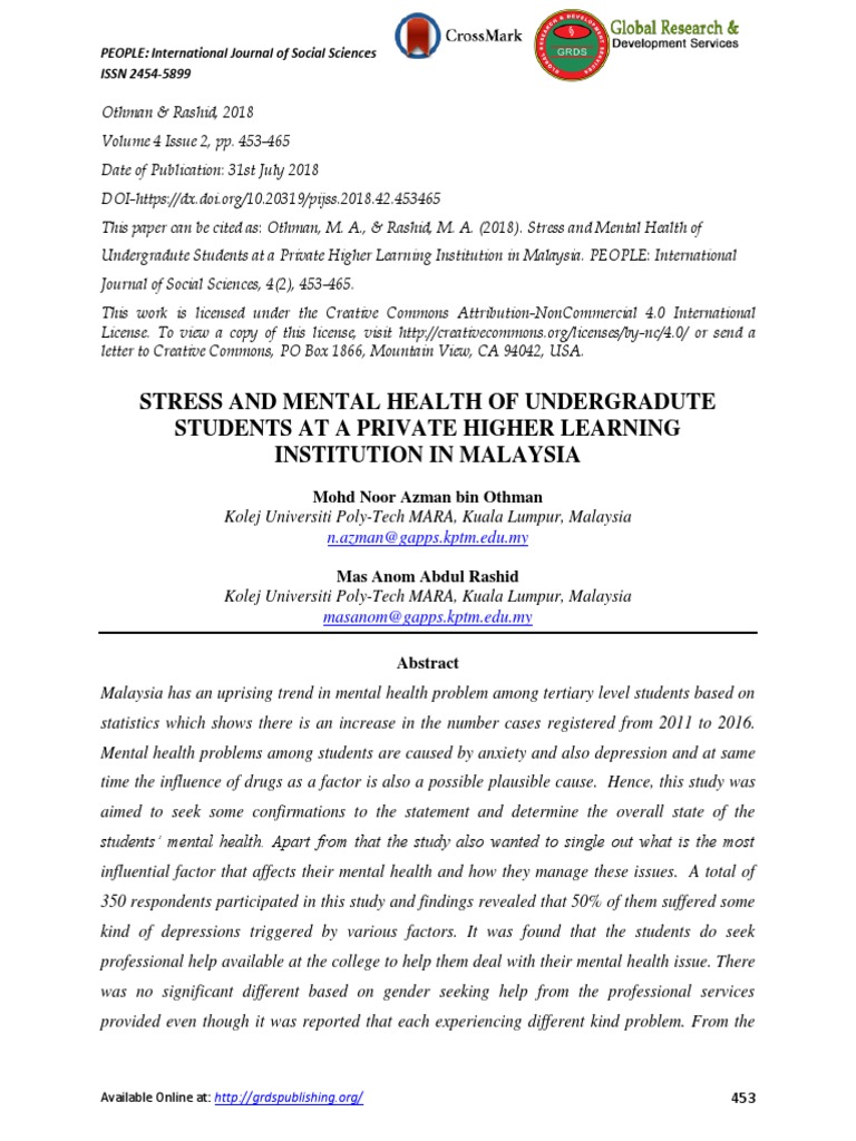 Stress and Mental Health in Malaysian Students | PDF | Student's T Test ...