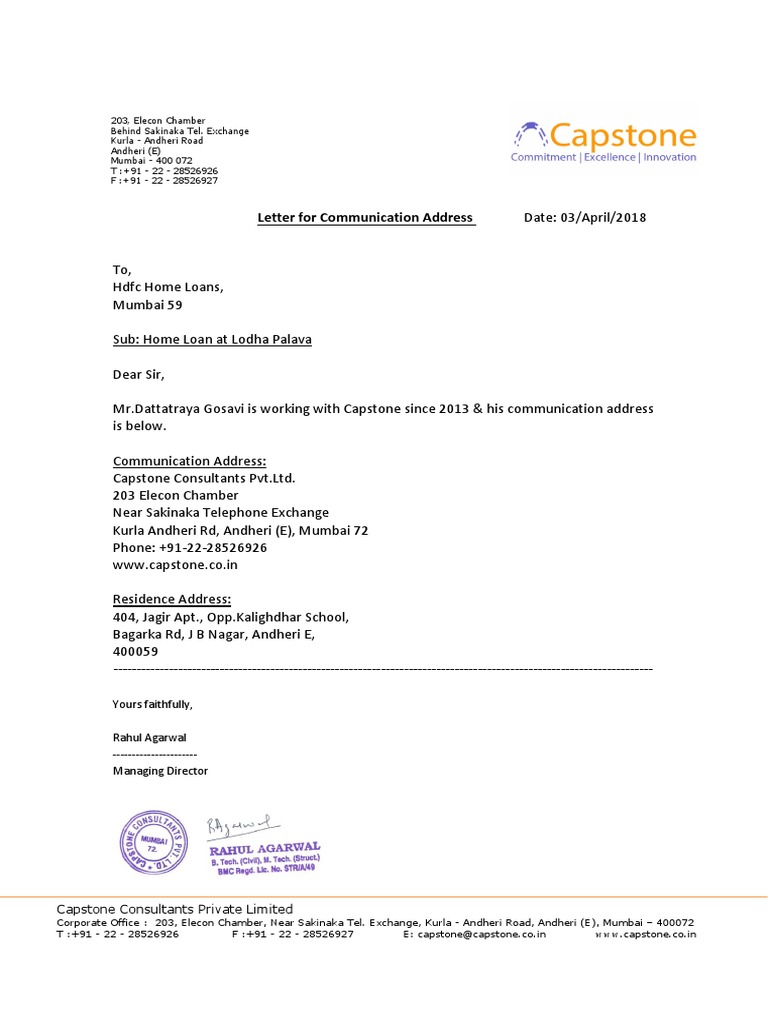 Communication Address Letter for Home Loan Applicant from Capstone