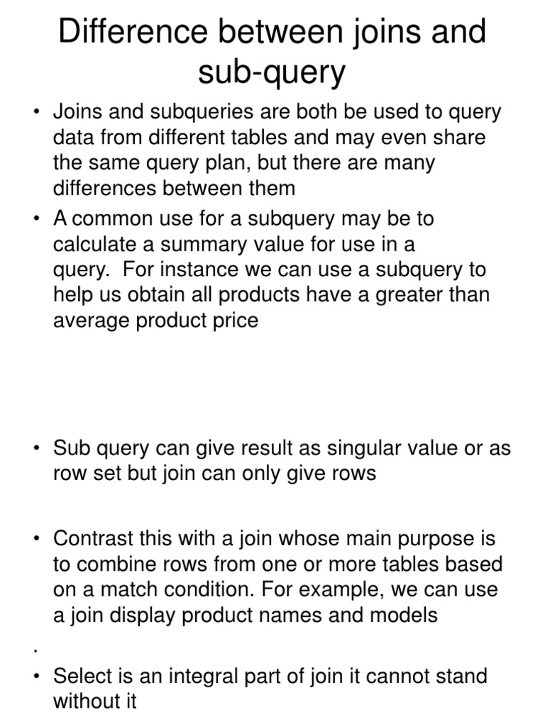 Difference Between Joins and Sub-Query | PDF