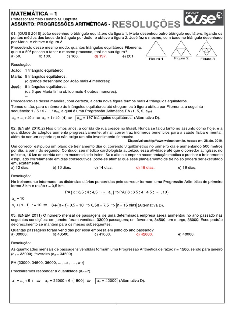 Progressões Aritméticas em Exercícios | PDF | Triângulo | Sequência