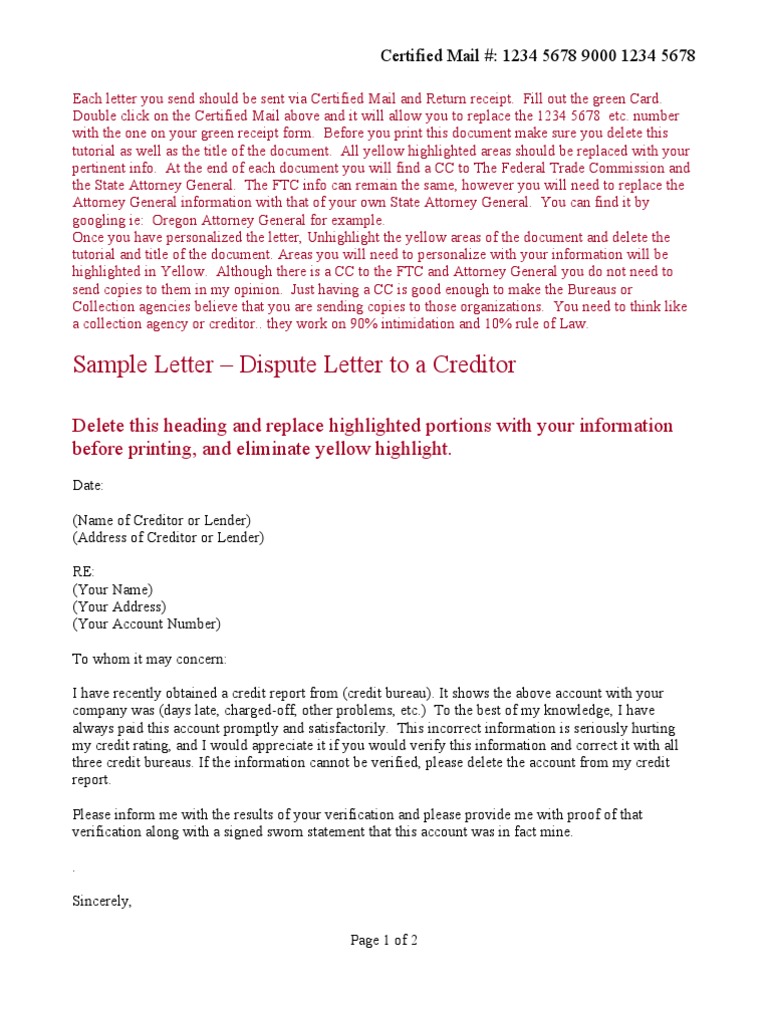Dispute Letter Template for Creditors | PDF | Registered Mail | Credit ...