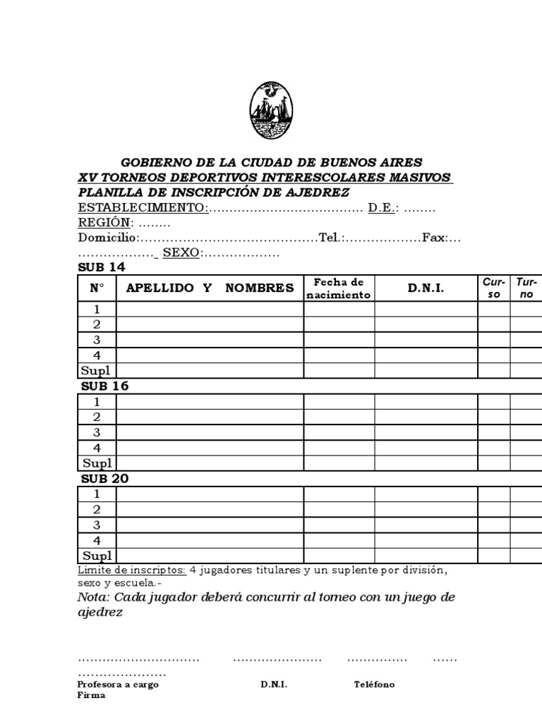 Planilla Inscripcion Ajedrez PDF