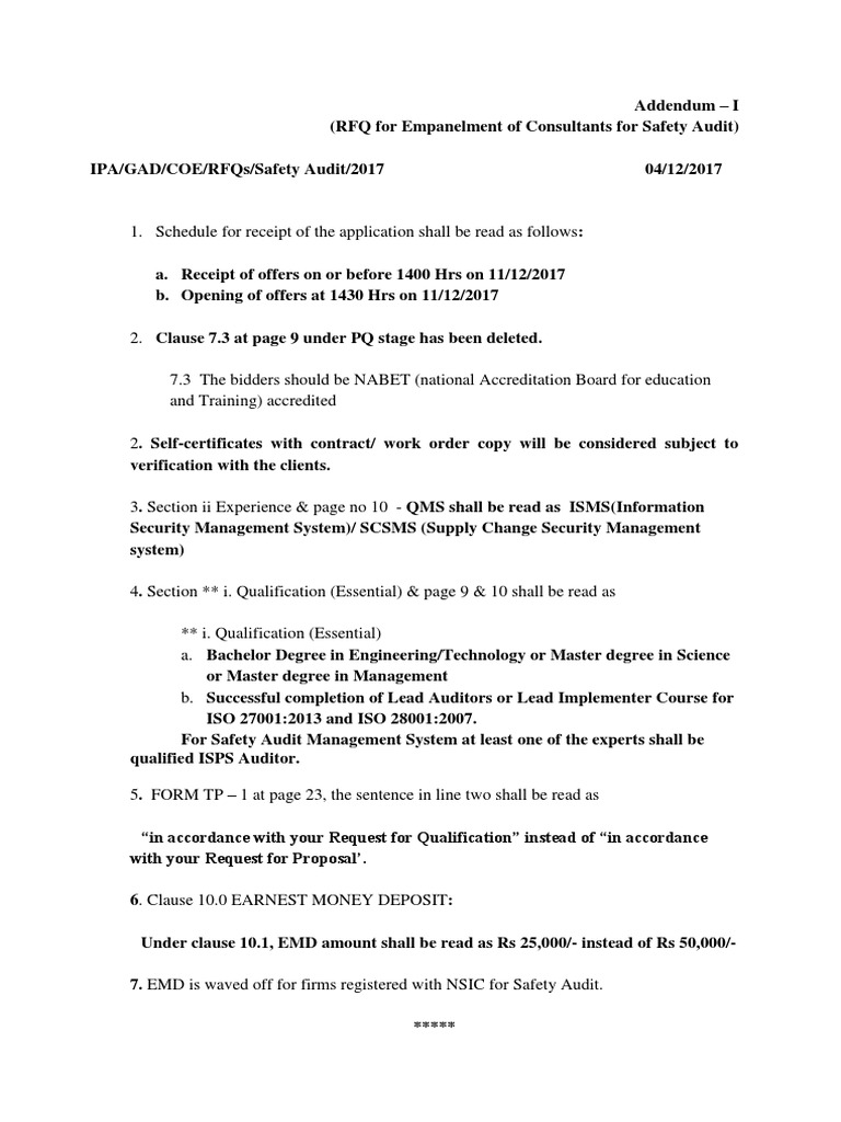 Addendam I Safety Audtiec | PDF