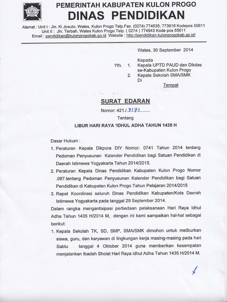 Surat Edaran Libur Idul Adha