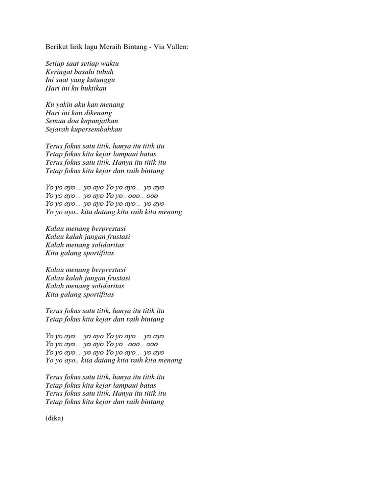 Berikut Lirik Lagu Meraih Bintang | PDF
