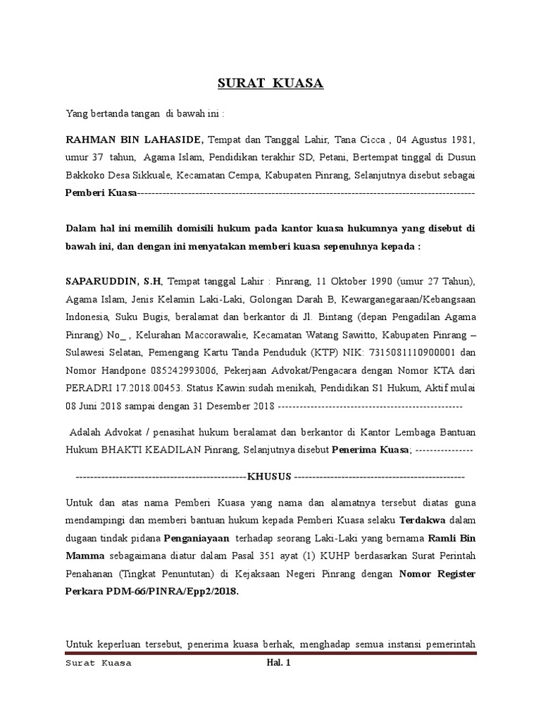 Contoh Surat Kuasa Pendampingan Terdakwa