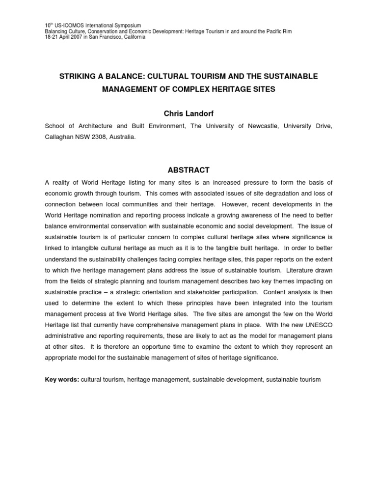 Striking A Balance: Cultural Tourism and The Sustainable Management of ...