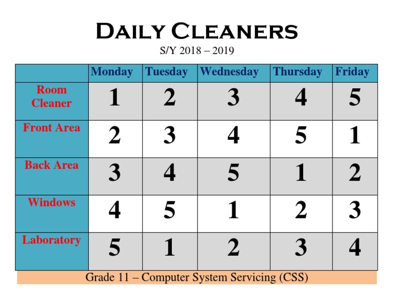 Daily Cleaners: Monday Tuesday Wednesday Thursday Friday | PDF