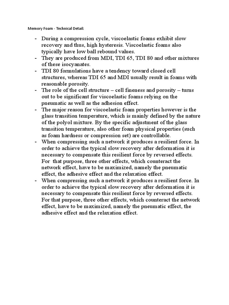 Memory Foam Technical Detail PDF Viscoelasticity Foam