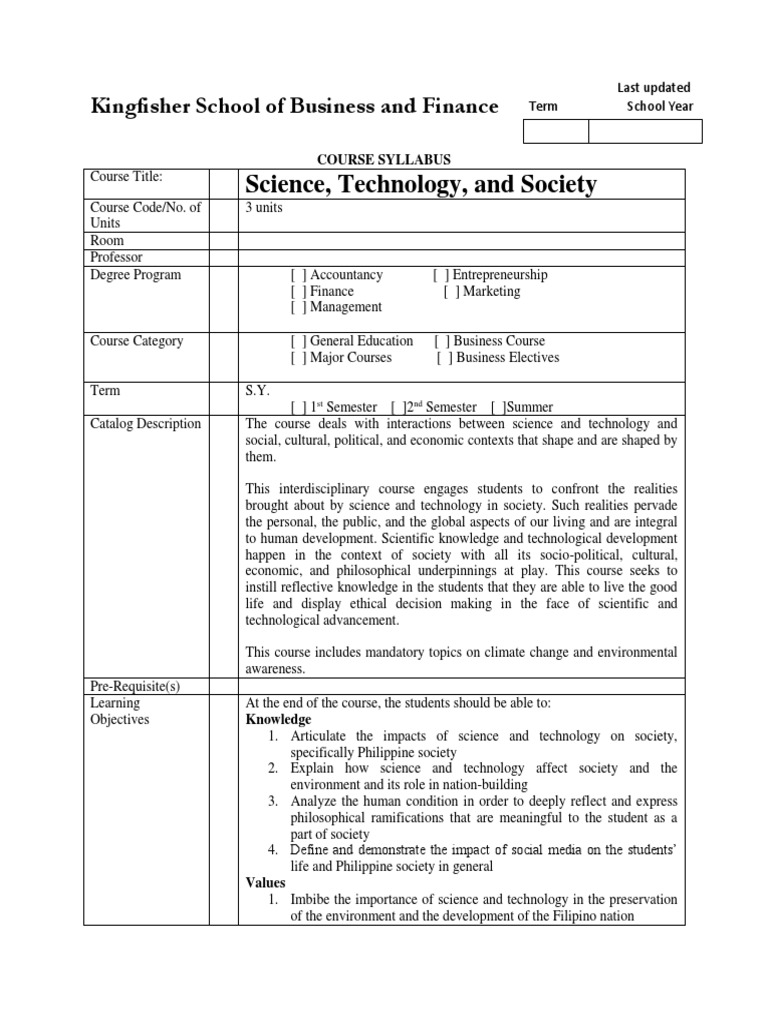 Syllabus Science, Technology, and Society Science Nanotechnology