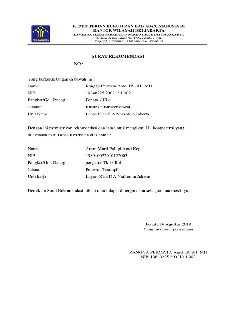 Surat Rekomendasi Uji Kompetensi Lapas Narkotika Jakarta | PDF