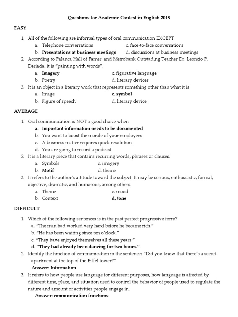 Academic English Contest Questions 2018 | PDF | English Language ...
